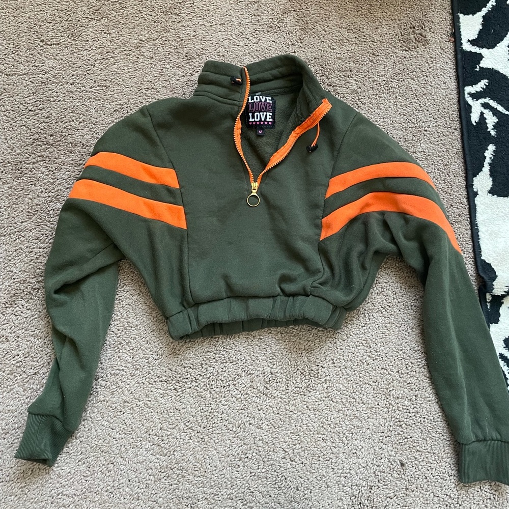 Olive green & orange cropped zip up sweater ✔️